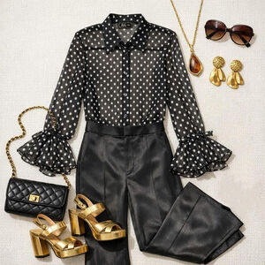 Vintage 80s 90s sheer black & white polka dot blouse with ruffle bell sleeves a